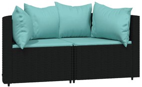 2 db fekete polyrattan kerti sarokkanapé párnákkal