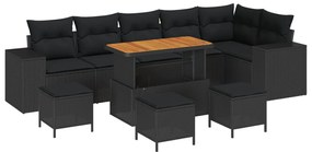 9 db-os kerti kanapé szett párnákkal fekete poli rattan, 3 db-os kerti étkező szett párnákkal fekete poli rattan