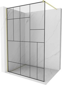 Mexen Kioto, Walk-In zuhany paraván 80 x 200 cm, 8 mm átlátszó üveg fekete mintás, arany matt profil, 800-080-101-55-78