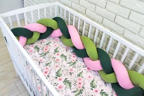 baby nellys mantinel kötött fonat ágyneművel virágok - zöld, rózsaszín 135x100 135x100