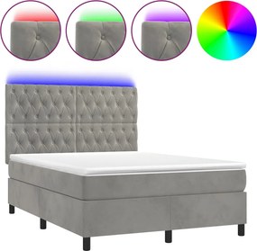 vidaXL világosszürke bársony rugós és LED-es ágy matraccal 140x190 cm