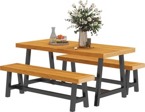 Outsunny 3 részes fa étkezőszett 4 személyre, rácsos design, étkezőasztal 2 paddal – Kerti bútor, fa asztal, teraszbútor, erkély bútor teafában | Aoso