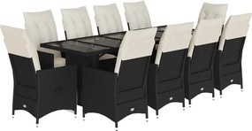 vidaXL 11 részes fekete polyrattan kerti bisztrógarnitúra párnákkal