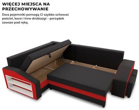 Grande sarokkanapé polcokkal és puffokkal , polc a bal karfaban puffok a jobb karfaban, baloldali, szövet anyag, hab töltet, fekete - piros