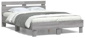 szürke sonoma színű ágykeret fejtámlával és LED-del 135x190 cm