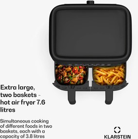 Klarstein VitaFry Duo Skylight, forrólevegős fritőz, 2850 W, 7,6 l, 2 főzőzóna, 6 program