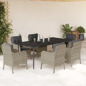 7 részes világosszürke polyrattan kerti étkezőszett párnával