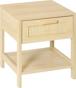 HOMCOM Éjjeli Asztal Rattan Fiókkal és Alsó Polccal - 40 kg Teherbírás - 40x40x48 cm Natúr fa | Aosom