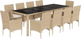 vidaXL 11 részes bézs polyrattan/üveg kerti étkezőgarnitúra párnákkal