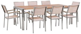 Nyolcszemélyes étkezőasztal eukaliptusz asztallappal és bézs textilén székekkel GROSSETO Beliani