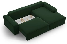 Sötétzöld bársony kinyitható-tárolóhelyes sarokkanapé (jobb oldali-heverő résszel) Jodie – Micadoni