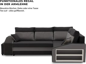 Grande sarokkanapé polcokkal és puffokkal , polc a jobb karfaban puffok a bal karfaban, jobboldali, szövet anyag, hab töltet, fekete - szürke