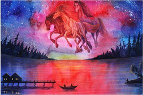 Kép - Űrlovak jelenése a tó felett, aquarel (90x60 cm)