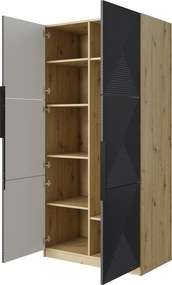 Asha ruhásszekrény, bordázott előlappal és fém fogantyúkkal - 100 cm - artisan tölgy / matt riviér kő / fekete fogantyúk