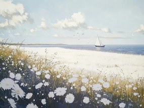 Vászonkép Canvas Tájkép Tengerpart Rét Virágok Tenger Csónak 100x75