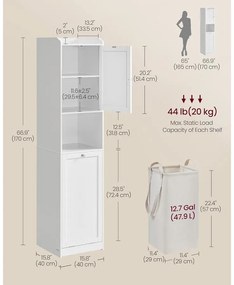 Magas fürdőszobai szekrény szennyeskosárral,  tárolóegységgel, felhőfehér