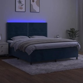 sötétkék bársony rugós és LED-es ágy matraccal 180x200 cm
