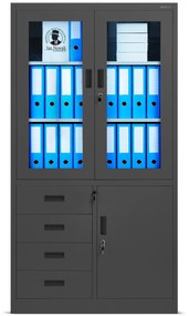 Fém iratszekrény vitrinnel és fiókokkal WIOLA, 900 x 1850 x 400 mm, antracit