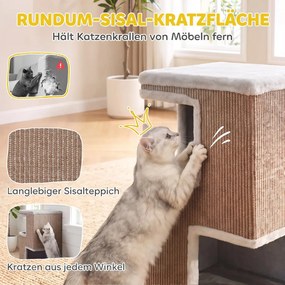 PawHut Macskabarlang 3 emeletes beltéri macskahordó, félig zárt macskabarlang körös-körüli kaparófelületekkel, világosbarna