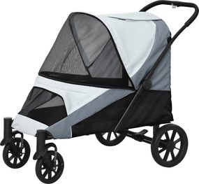 PawHut Összecsukható Kutya Buggy Nagy Kutyák és Macskák Számára 30 kg-ig, Kutyakocsi Párnával, Háló Ablakokkal, Ajtókkal, Tárolótáskával és Biztonsági