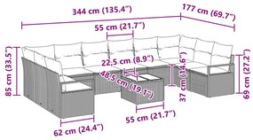 11 részes kerti kanapé szett párnákkal barna poli rattan, 2 fős kerti kanapé párnákkal bézs poli rattan