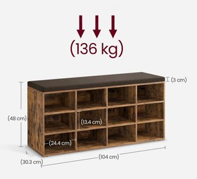 Cipőtároló pad, 12 rekesszel, párnázott ülőfelülettel, rusztikus barna 104x30x48cm