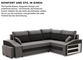 Grande sarokkanapé polcokkal és puffokkal , polc a jobb karfaban puffok a bal karfaban, jobboldali, szövet anyag, bonell töltet, szürke - fekete