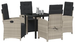 5 részes kerti étkezőszett párnákkal világosszürke poli rattan, kerti asztal fekete 80x80x73 cm edzett üveggel