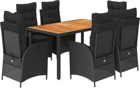 vidaXL 7 részes fekete polyrattan kerti étkezőgarnitúra párnával