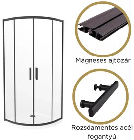 Elio Black 80X80 cm íves két tolóajtós zuhanykabin 6 mm vízlepergető biztonsági üveggel, fekete elemekkel, 190 cm magas