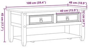 Corona tömör fenyőfa dohányzóasztal fiókokkal 100x48x45 cm