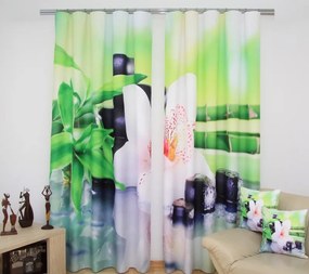 Modern zöld drapéria fehér orchidea motívummal Szélesség: 160 cm | Hossz: 250 cm (2 darabos készletben)