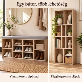 SONGMICS cipőpad 10 rekesszel, párnázott ülőfelülettel, 104 x 30 x 48 cm, max. 150 kg, tölgy