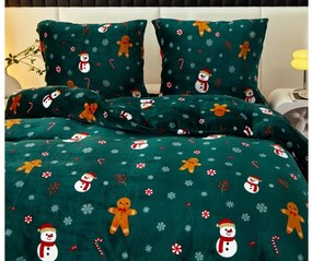 HÓEMBER ÉS GINGERBREAK zöld mikroplüss ágynemű + SOFT fekete mikroplüss lepedő 90x200 cm