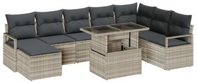 9 darabos kertibútor szett párnákkal világosszürke poli rattan, 2 személyes kertikanapé párnákkal szürke poli rattan