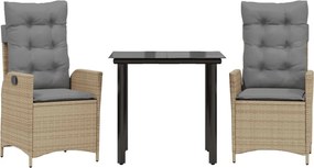 vidaXL 3 részes bézs polyrattan kerti étkezőgarnitúra párnákkal