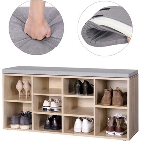 Cipőtároló pad 10 rekesszel, Cipőpad párnával 104 x 30 x 48 cm, tölgy színű