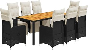vidaXL 9 részes fekete polyrattan kerti bisztrógarnitúra párnákkal