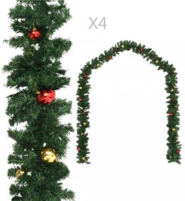 4 db zöld karácsonyi füzér karácsonyfadíszekkel 270 cm