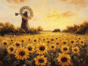 Vászonkép Canvas Tájkép Falu Mező Napraforgók Virágok Szélmalom 80x60