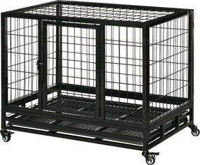 PawHut Fém Kutyaketrec Kerekekkel és Fékkel, Mosható Tálcával és Zárható Ajtóval Golden Retriever és Labrador számára, 92x62x75 cm, Fekete | Aosom