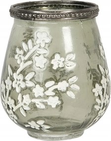 Zöld üveg gyertyatartó fehér virágokkal 9x11 cm