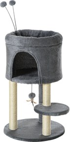 PawHut Macska Fa 73.5H cm Macska Kaparószlop Macska Bújóval és Játék Labdával Mászófa Sisak Pole Macska Játék Plüss Szürke + Krémfehér | Aosom