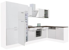 Yorki 340 sarok konyhablokk fehér korpusz,selyemfényű fehér front alsó sütős elemmel polcos szekrénnyel, felülfagyasztós hűtős szekrénnyel