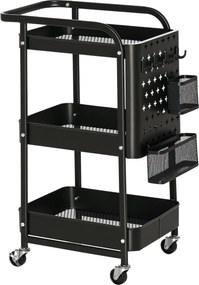 HOMCOM 3 Szintes Konyhai Kocsi Kerekekkel, Akasztókkal és Kosárral, Fekete | Aosom