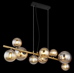 Globo 56135-9H Függeszték fém fekete matt, fém sárgaréz matt, üveg borostyán, HxSzxM: 866x360x1200mm, üveg méret 4X ø: 10 cm, 3x ø: 12 cm, 2 x ø: 15 cm, tartozék 9x G9 LED 3,5W 230V, forrás 80lm kimenet, 3000K, 10676 LED izzóval