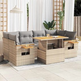 7 részes bézs polyrattan akácfa kerti ülőgarnitúra párnákkal