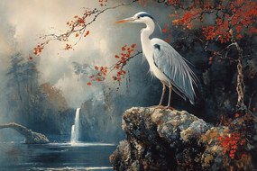 Vászonkép Canvas Madár Kócsag Tájkép Vízesés Ősz Ázsia 60x40