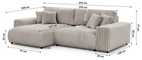 Világosszürke kordbársony kinyitható-tárolóhelyes sarokkanapé (bal oldali) Sarina – Ropez
