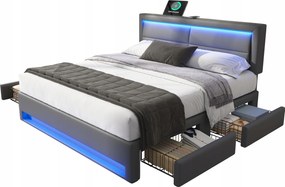 Kárpitozott ágy, franciaágy 140x190cm Usb Led 4 fiókos Pu szürke